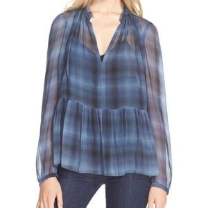 Rebecca Taylor Plaid Silk Blouse Size 4 Long Sleeve Sheer V-neck New